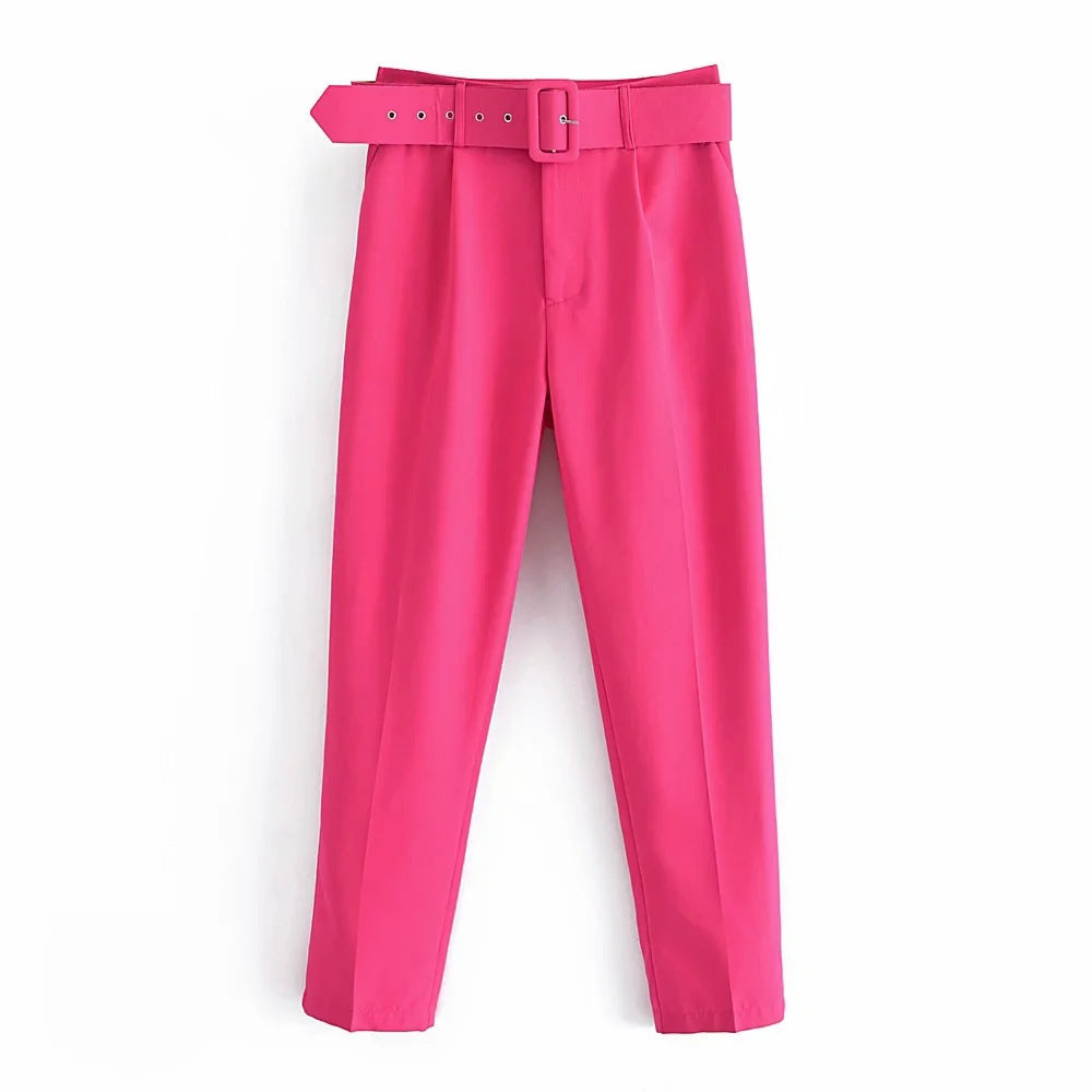 Women High Waist Casual Cropped Pants-Pants-Rose Red-XS-Free Shipping Leatheretro