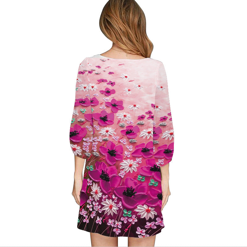 Casual Floral Print 3/4 Length Sleeves Short Dresses-Dresses-8130-14-S-Free Shipping Leatheretro