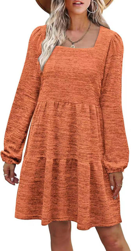 Fashion Square Neckline Fall Mini Dresses-Dresses-Orange-S-Free Shipping Leatheretro