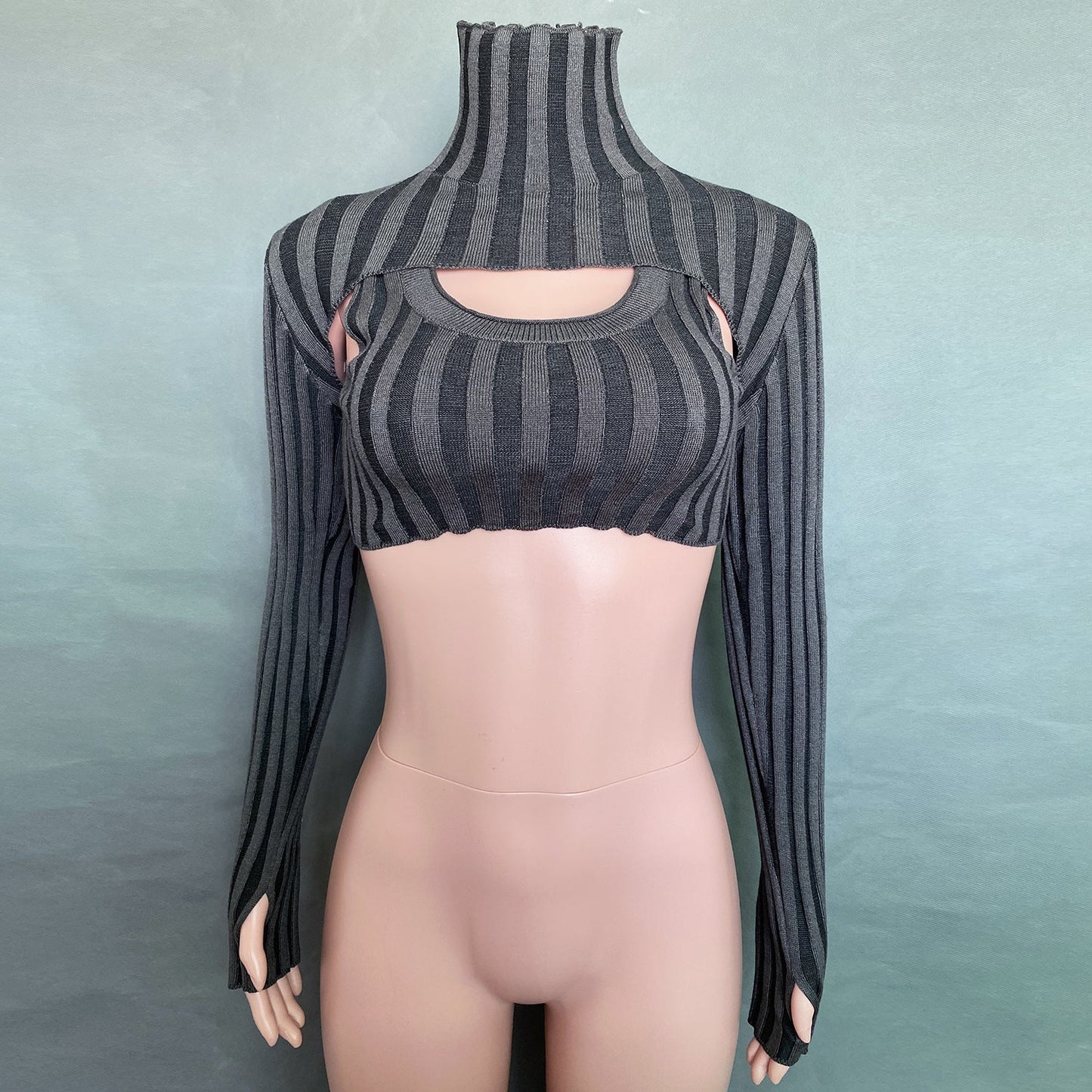 Sexy High Neck Knitting Women Short Tops Suits-Shirts & Tops-Black-S-Free Shipping Leatheretro