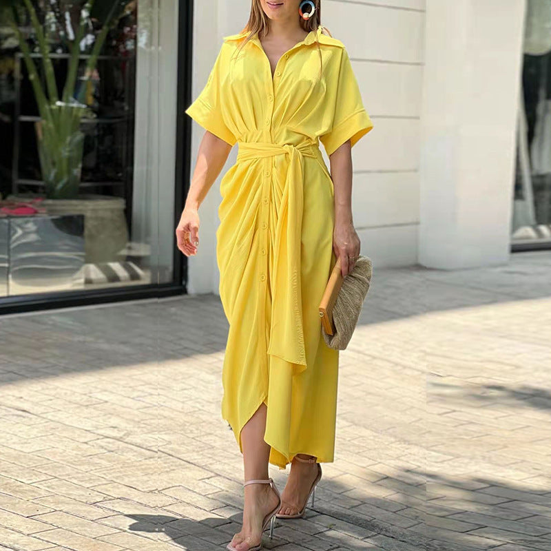 Summer Women Midi Length Shirts Dresses-Dresses-Yellow-S-Free Shipping Leatheretro