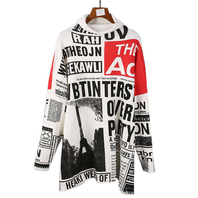 Plus Sizes Turtleneck Newspaper Print Women Sweaters-Women Tops-White-One Size-Free Shipping Leatheretro