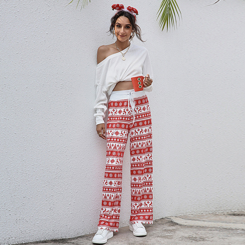 Casual Merry Christmas Wide Legs Pants for Women-Pants-Red Deer-S-Free Shipping Leatheretro