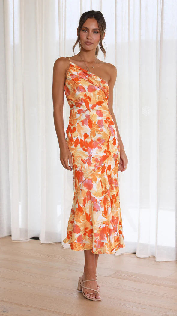 Fashion Summer One Shoulder Midi Length Dresses-Dresses-Orange-S-Free Shipping Leatheretro