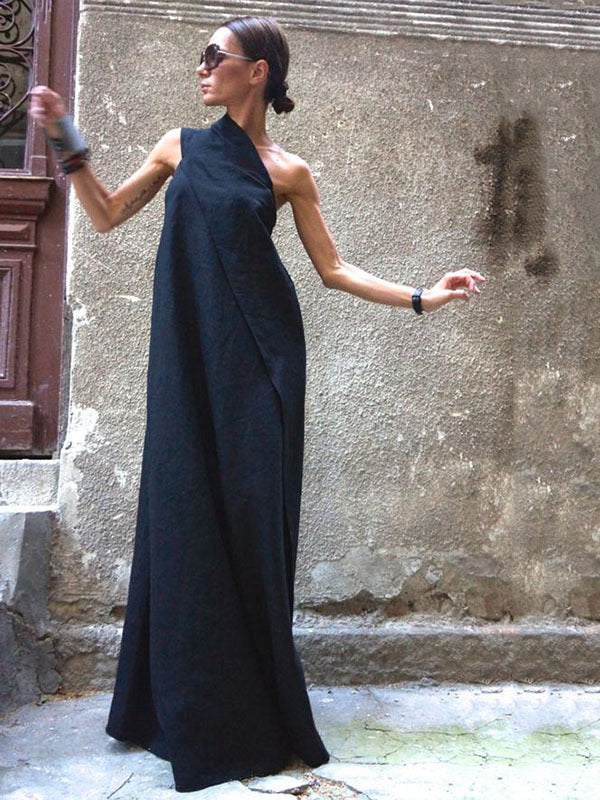 Sexy One Shoulder Sleeveless Designed Dresses-Dresses-Dark Blue-M-Free Shipping Leatheretro