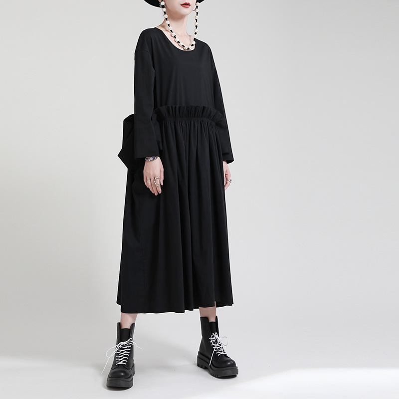 Black Round Neck Women Fall Fake Two Piece Summer Dress-Cozy Dresses-Black-One Size-Free Shipping Leatheretro