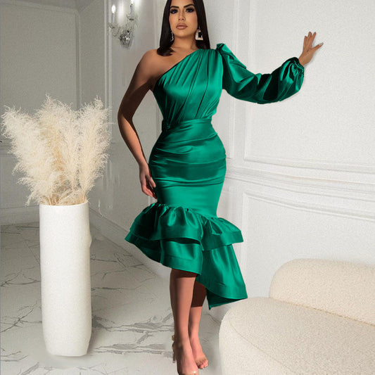 Designed One Shoulder Irregular Green Evening Party Dresses-Dresses-Green-S-Free Shipping Leatheretro