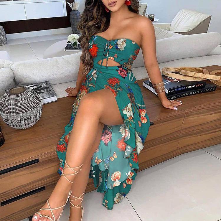 Women Irregular Scalloped Floral Print Dresses-Sexy Dresses-Green-S-Free Shipping Leatheretro