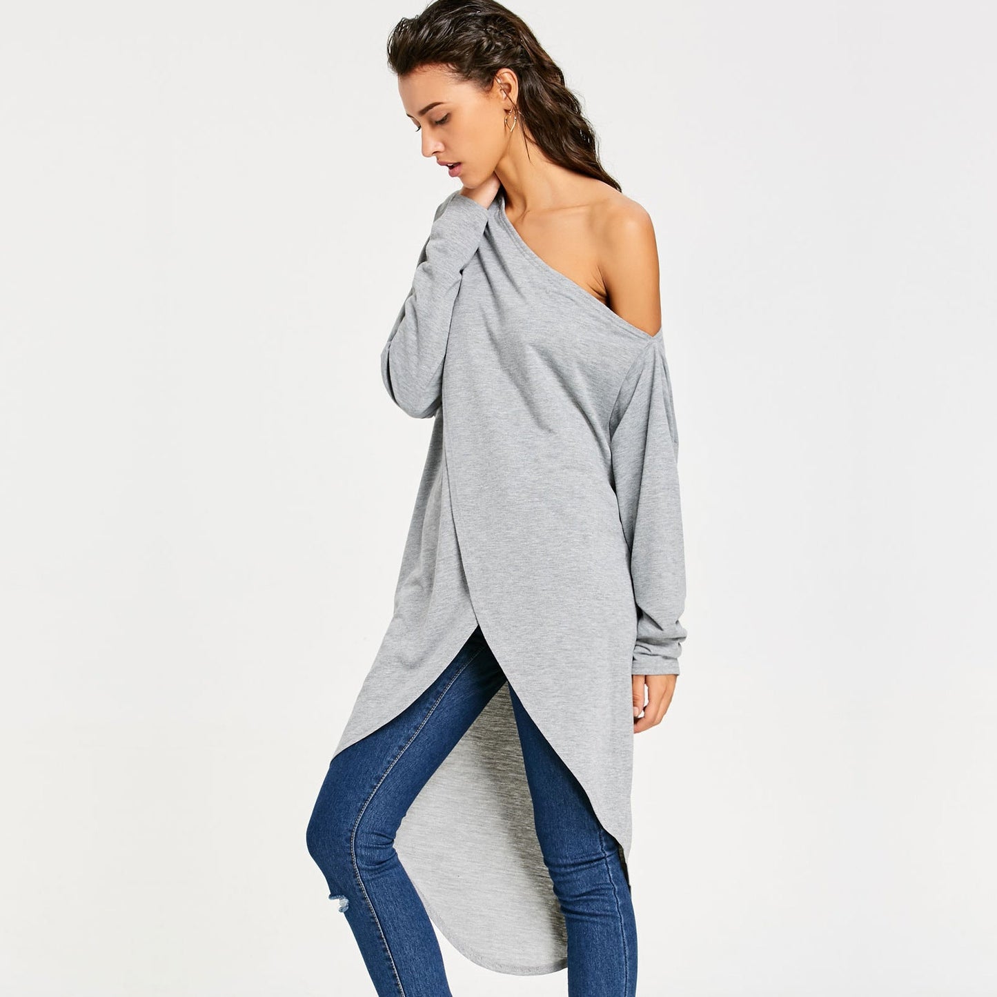 Casual Gray Irregular One Shoulder Long Sleeves Tops-Dresses-Gray-S-Free Shipping Leatheretro