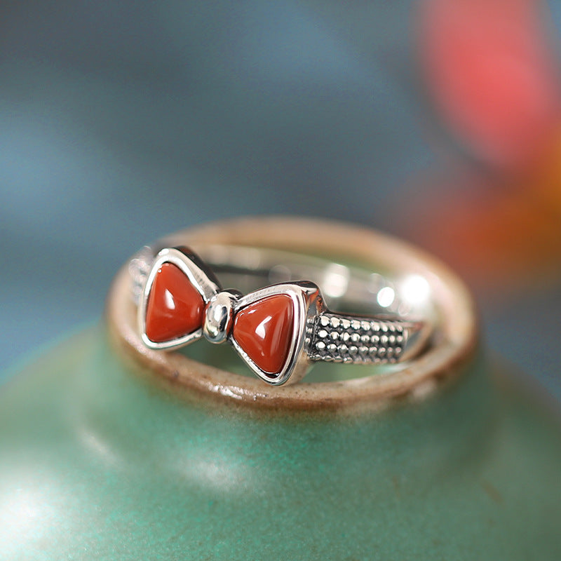 Bow Design Red Agate Sterling Silver Vintage Rings-Rings-White-Adjustable-Free Shipping Leatheretro