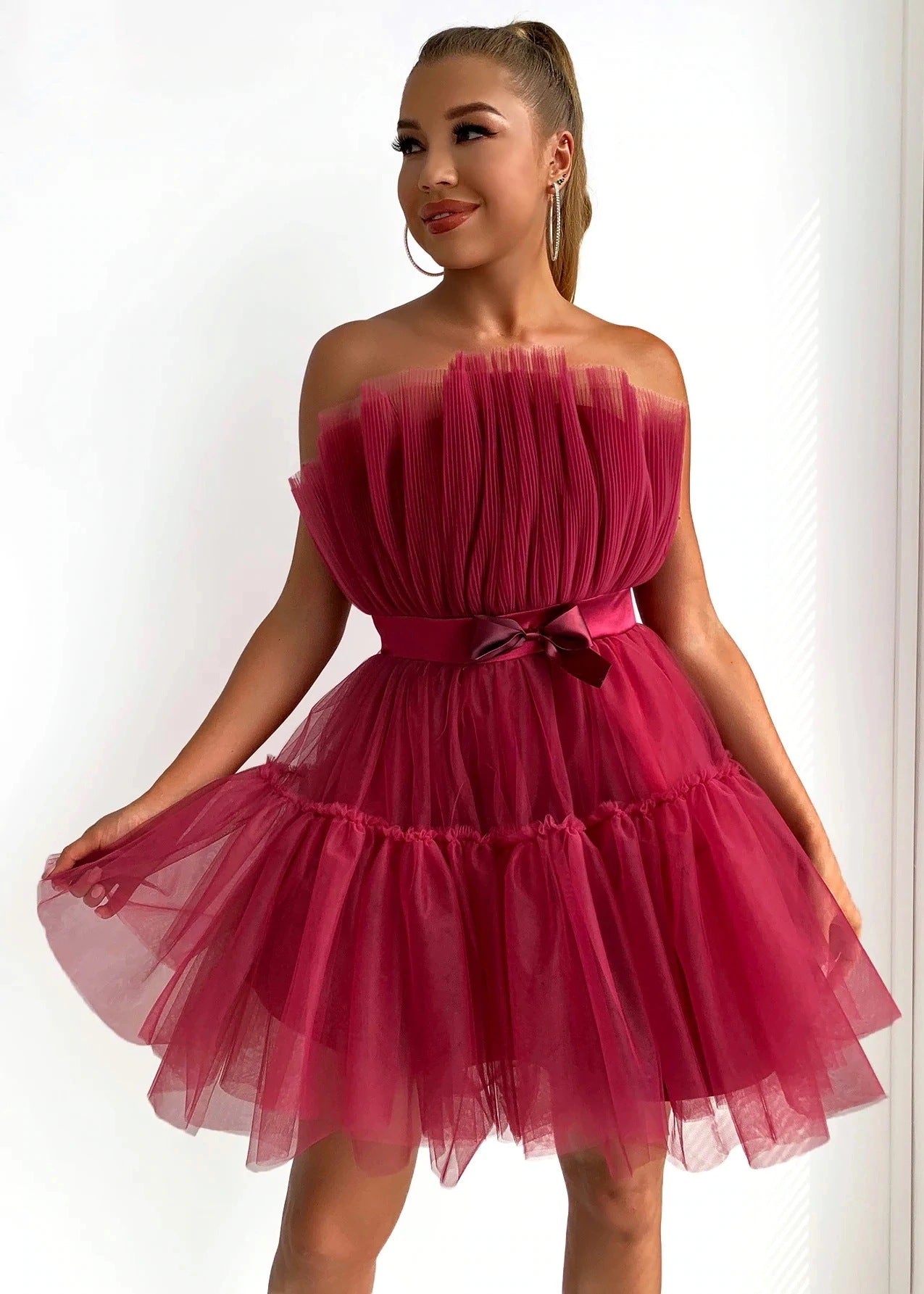 Sexy Strapless Tulle Bowknot Ball Gown Pary Dresses-Dresses-Wine Red-S-Free Shipping Leatheretro