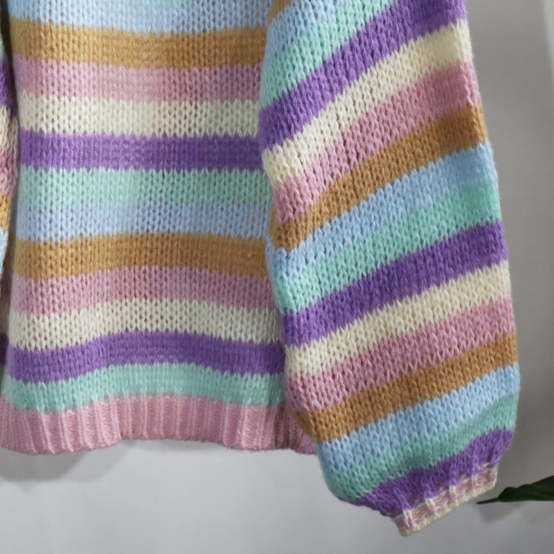 Colorful Striped Women Knitted Cardigan Outerwear-Shirts & Tops-Pink-One Size-Free Shipping Leatheretro