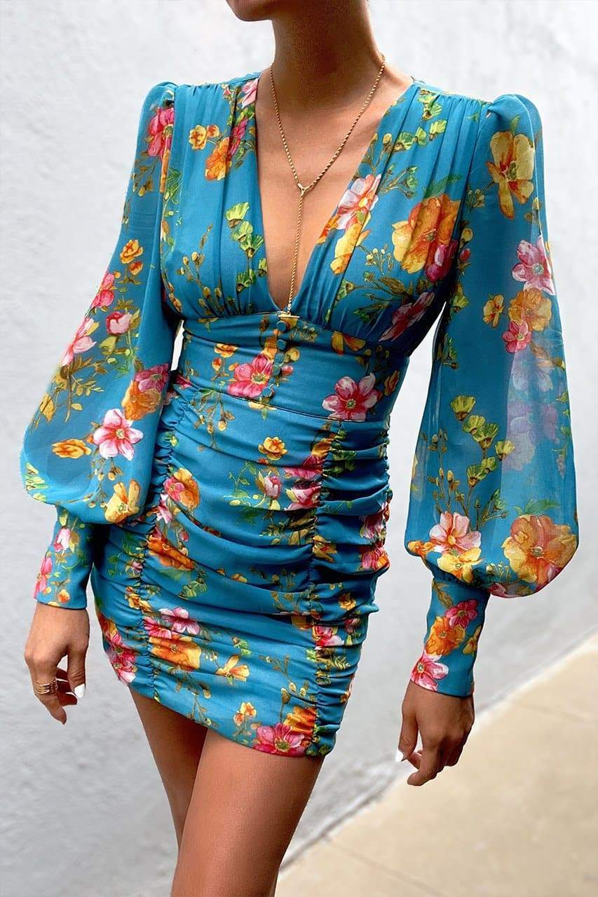 Sexy Floral Print Women Mini Dresses-Dresses-Blue-S-Free Shipping Leatheretro