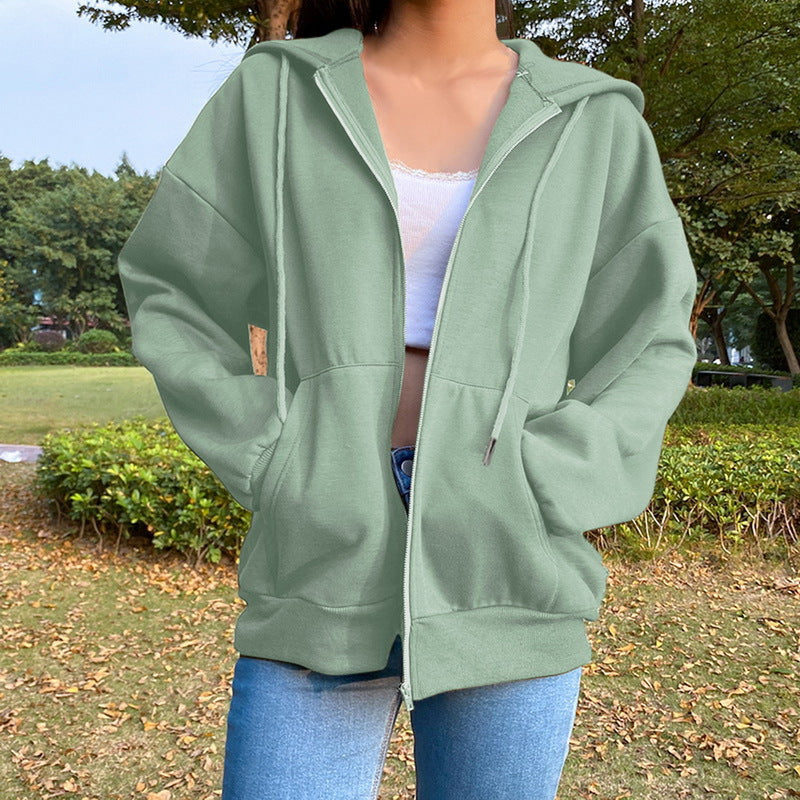 Casual Zipper Velvet Long Sleves Women Hoody Tops-Outerwear-Green-S-Free Shipping Leatheretro