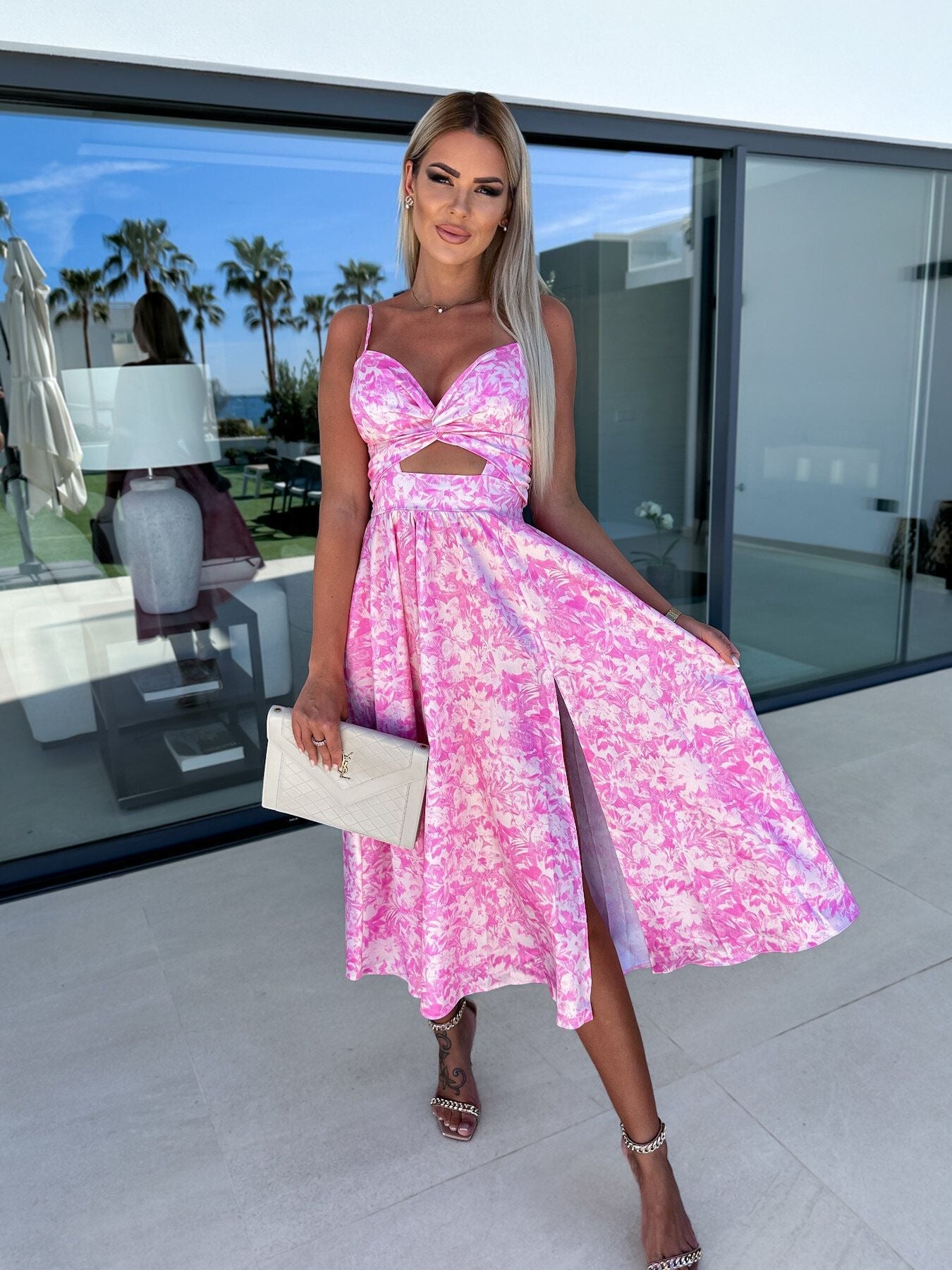 Elegant Midriff Baring Summer Dresses-Dresses-Pink Flower-S-Free Shipping Leatheretro