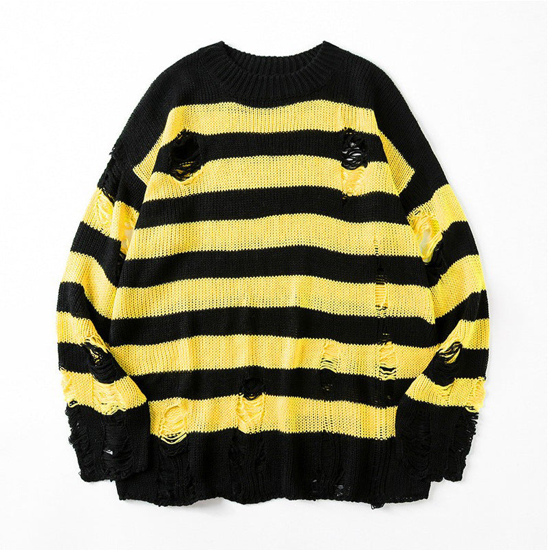 Casual Broken Holes Striped Knitting Sweaters for Couple-Shirts & Tops-Yellow-S-Free Shipping Leatheretro