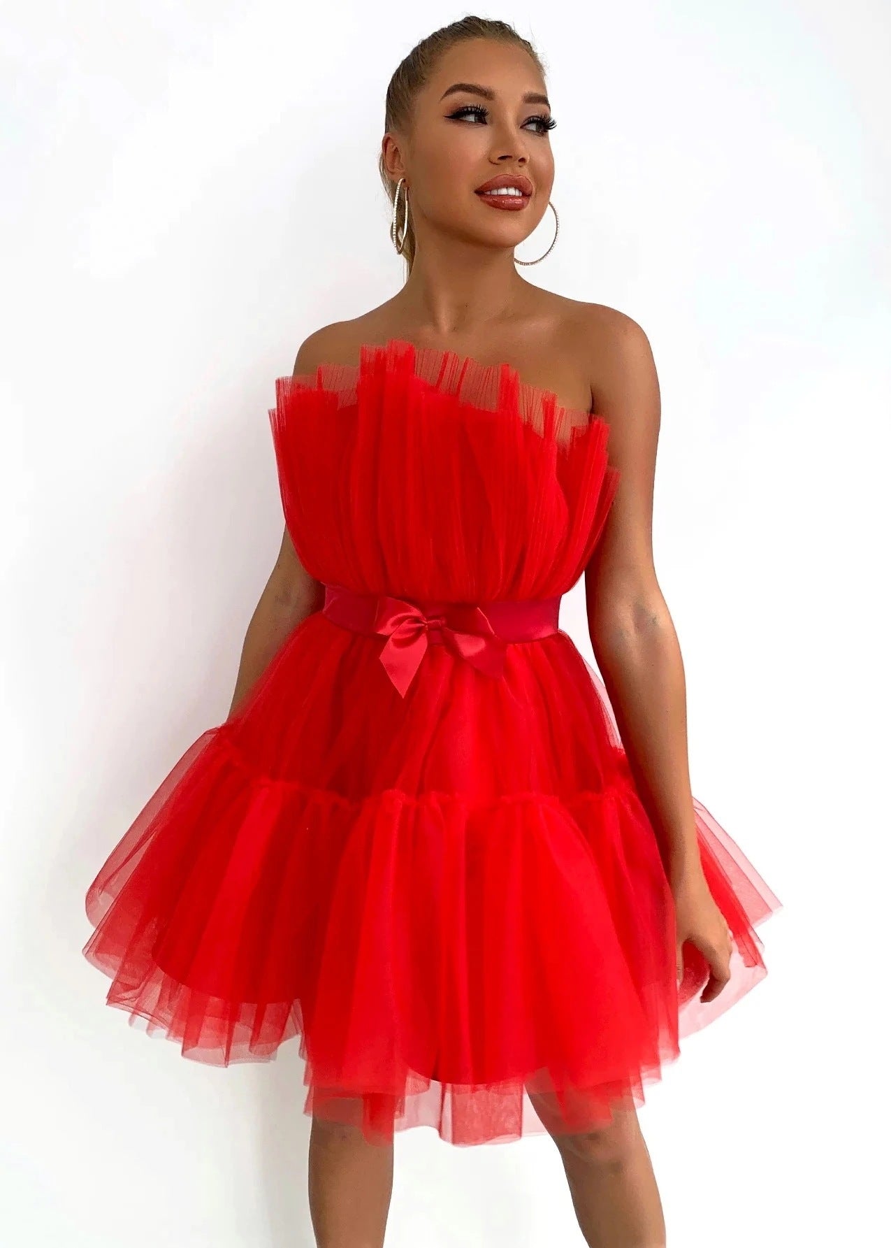 Sexy Strapless Tulle Bowknot Ball Gown Pary Dresses-Dresses-Pink-S-Free Shipping Leatheretro