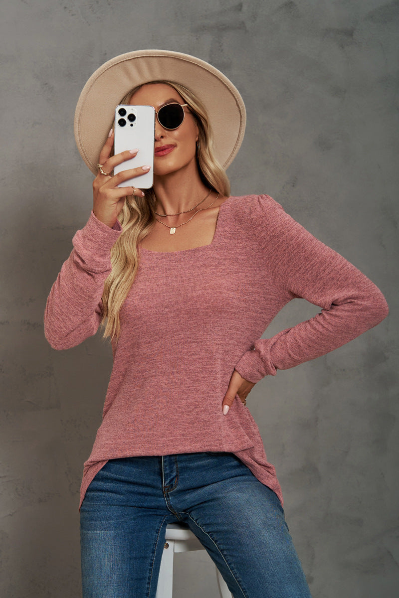 Fashion Square Neckline Long Sleeves Shirts-Shirts & Tops-Pink-S-Free Shipping Leatheretro