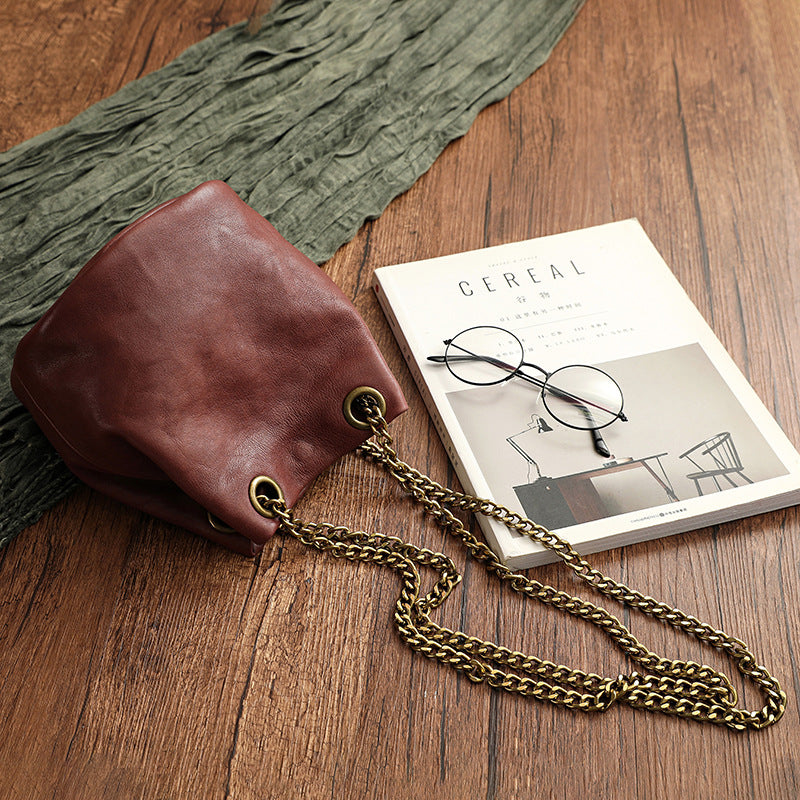 Vintage Vege Tanned Leather Bucket Bag with Chains 21032-Coffee-Free Shipping Leatheretro