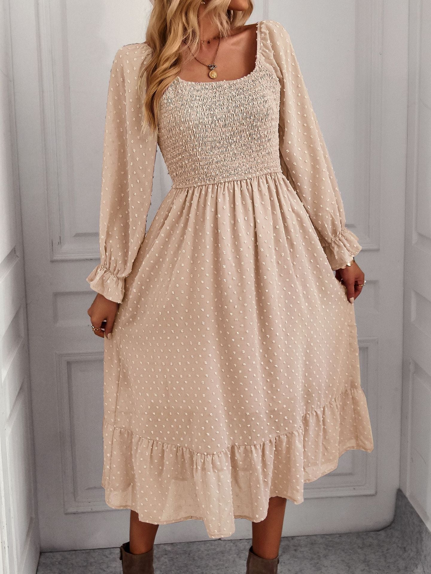 Elegant Square Neckline Summer Holiday Dresses-Dresses-Apricot-S-Free Shipping Leatheretro