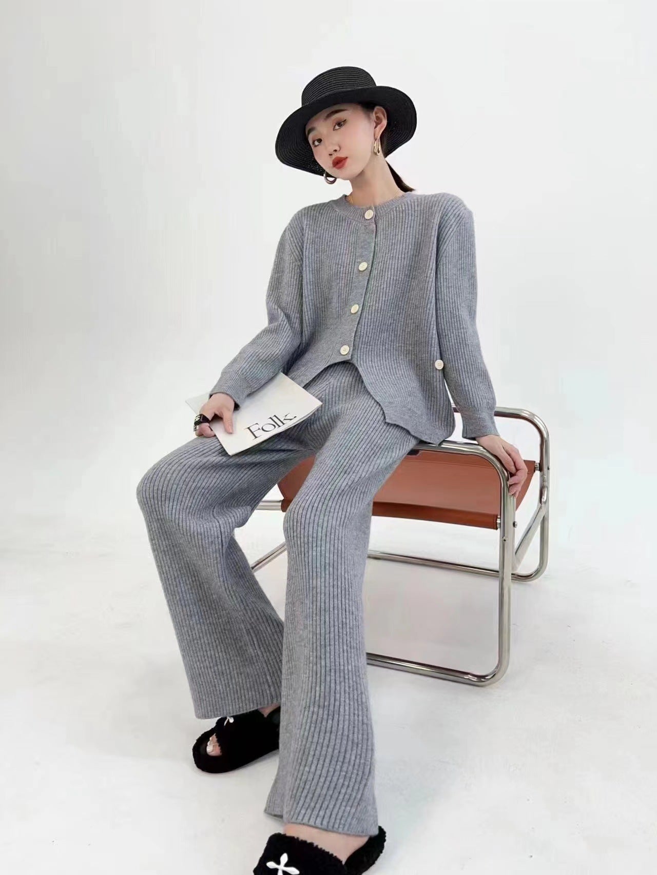 Designed Knitted Tops and Wide Legs Pants for Women-Suits-Gray-One Size-Free Shipping Leatheretro