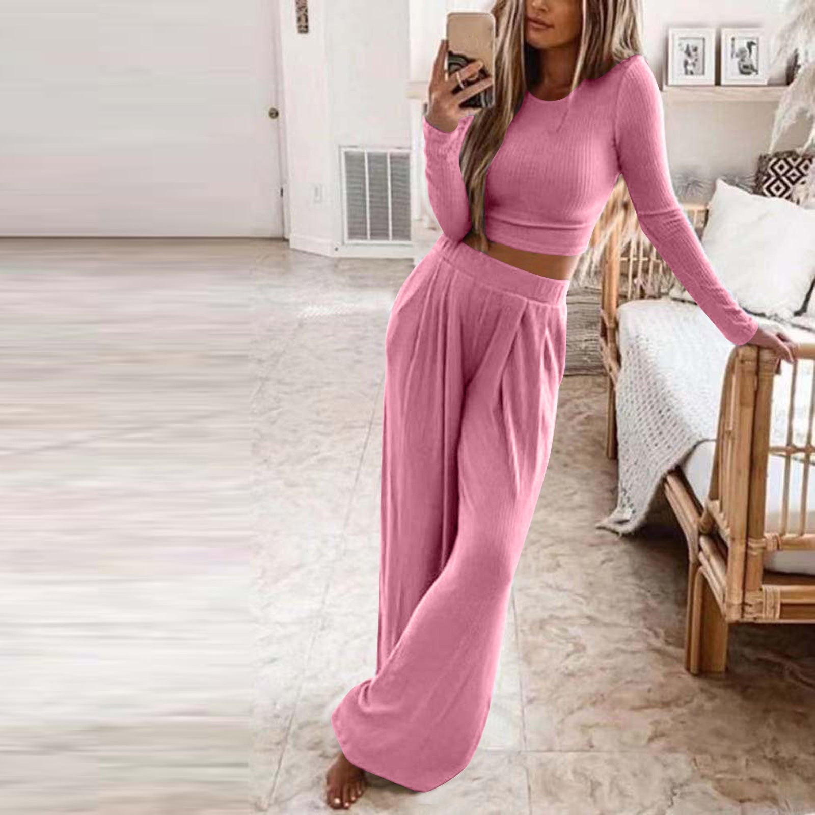 Casual Women Knitting Short Tops and Pants Sets-Suits-Pink-S-Free Shipping Leatheretro