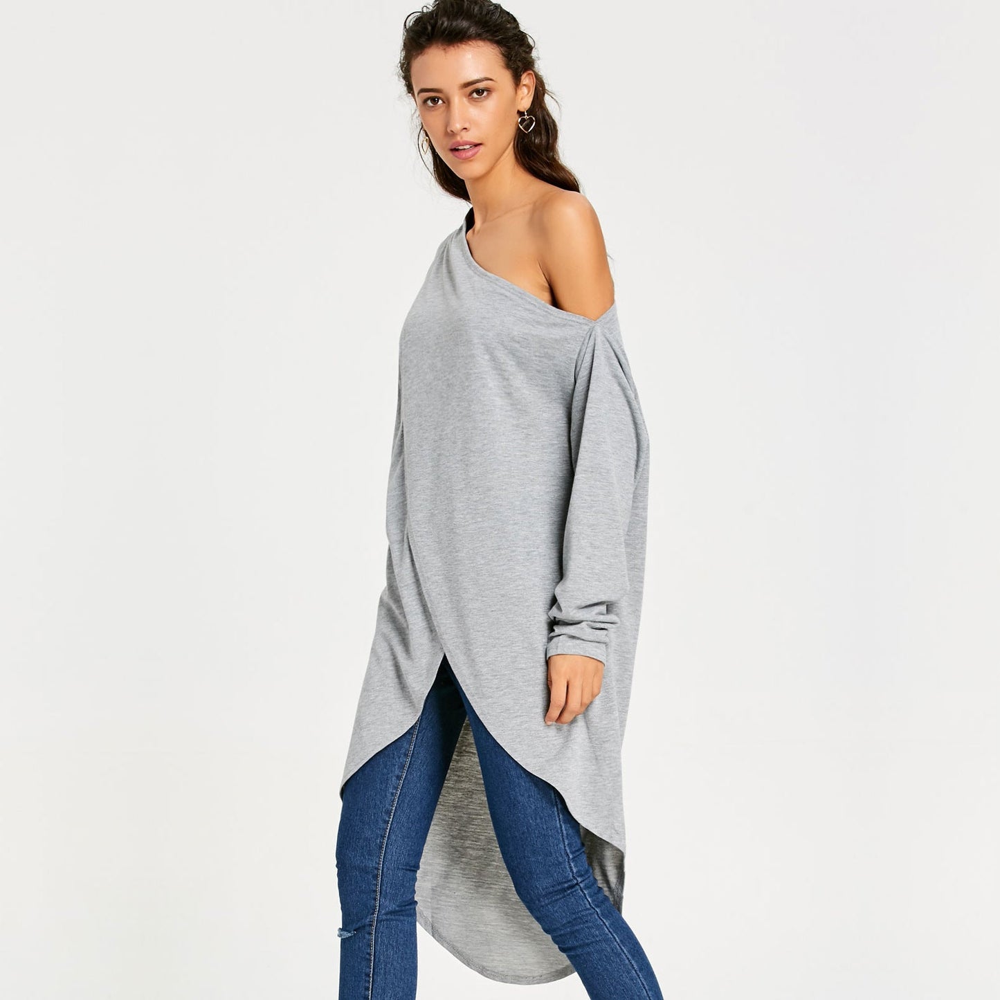 Casual Gray Irregular One Shoulder Long Sleeves Tops-Dresses-Gray-S-Free Shipping Leatheretro