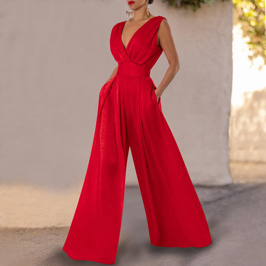 Summer Red Wide Straight Legs Jumpsuits for Women-Jumpsuits-Red-S-Free Shipping Leatheretro