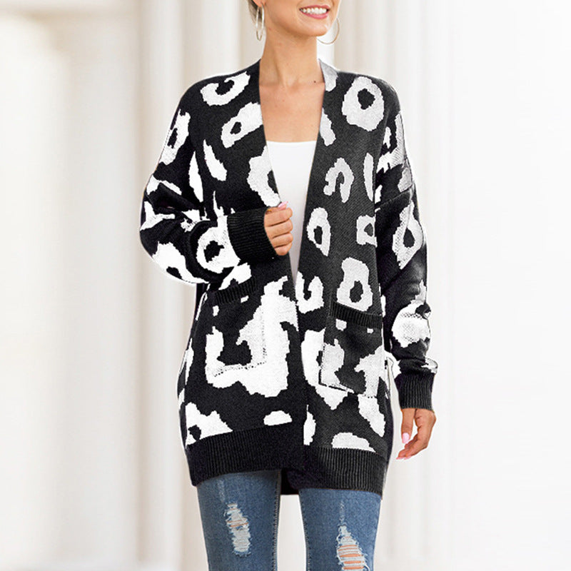 Women Leopard Design Pockets Knitting Cardigans-Shirts & Tops-Black-S-Free Shipping Leatheretro
