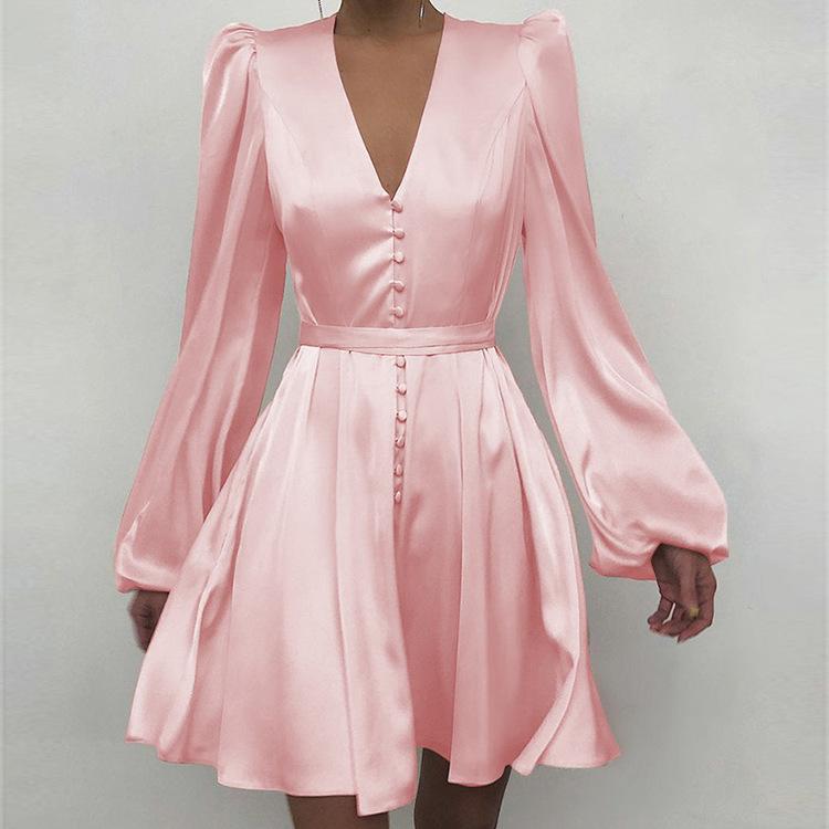 Women Long Sleeves Slim Mini Dresses-Mini Dresses-Pink-S-Free Shipping Leatheretro