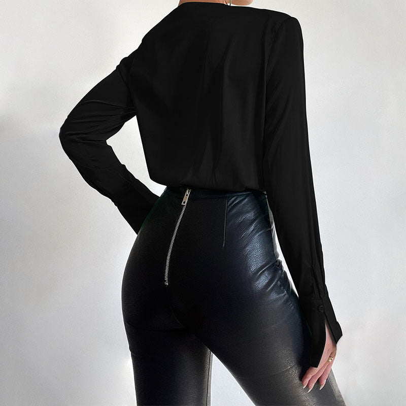 Sexy Deep V Neck Long Sleeves Shirts Jumpsuits-Shirts & Tops-Black-S-Free Shipping Leatheretro