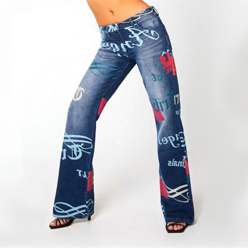 Casual Letter Print High Waist Pants-Pants-Blue-XS-Free Shipping Leatheretro