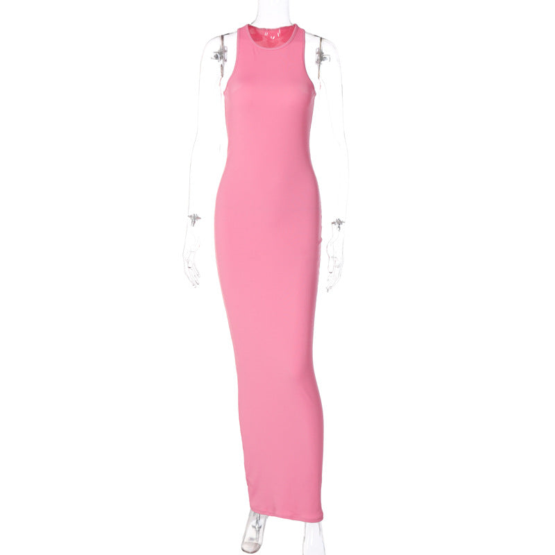 Sexy Fashion Round Neck Sleeveless Long Dresses-Dresses-Pink-S-Free Shipping Leatheretro