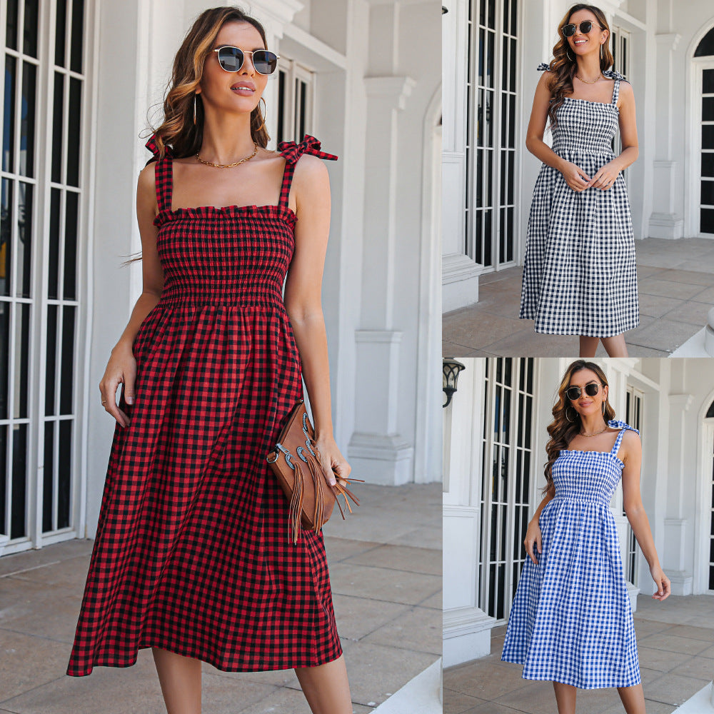 Summer Plaid Sleeveless Daily Dresses-Dresses-Red-S-Free Shipping Leatheretro