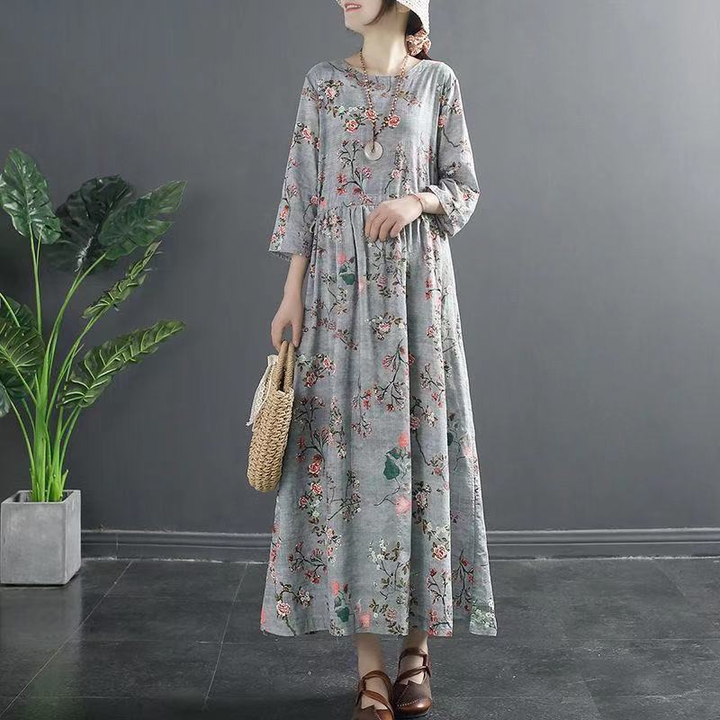 Vintage Cotton Women Plus Sizes Long Dresses-Dresses-Gray-M-Free Shipping Leatheretro