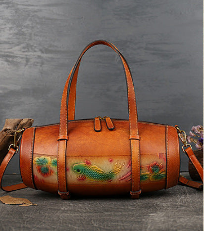 Women Vintage Fish Embossing Leather Bucket Bags 3227-Leather Women Bags-Red-Free Shipping Leatheretro