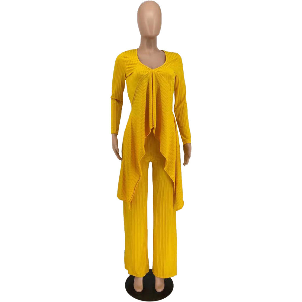 Sexy Long Sleeves Irregular Tops and Pants Set for Women-Suits-Yellow-S-Free Shipping Leatheretro