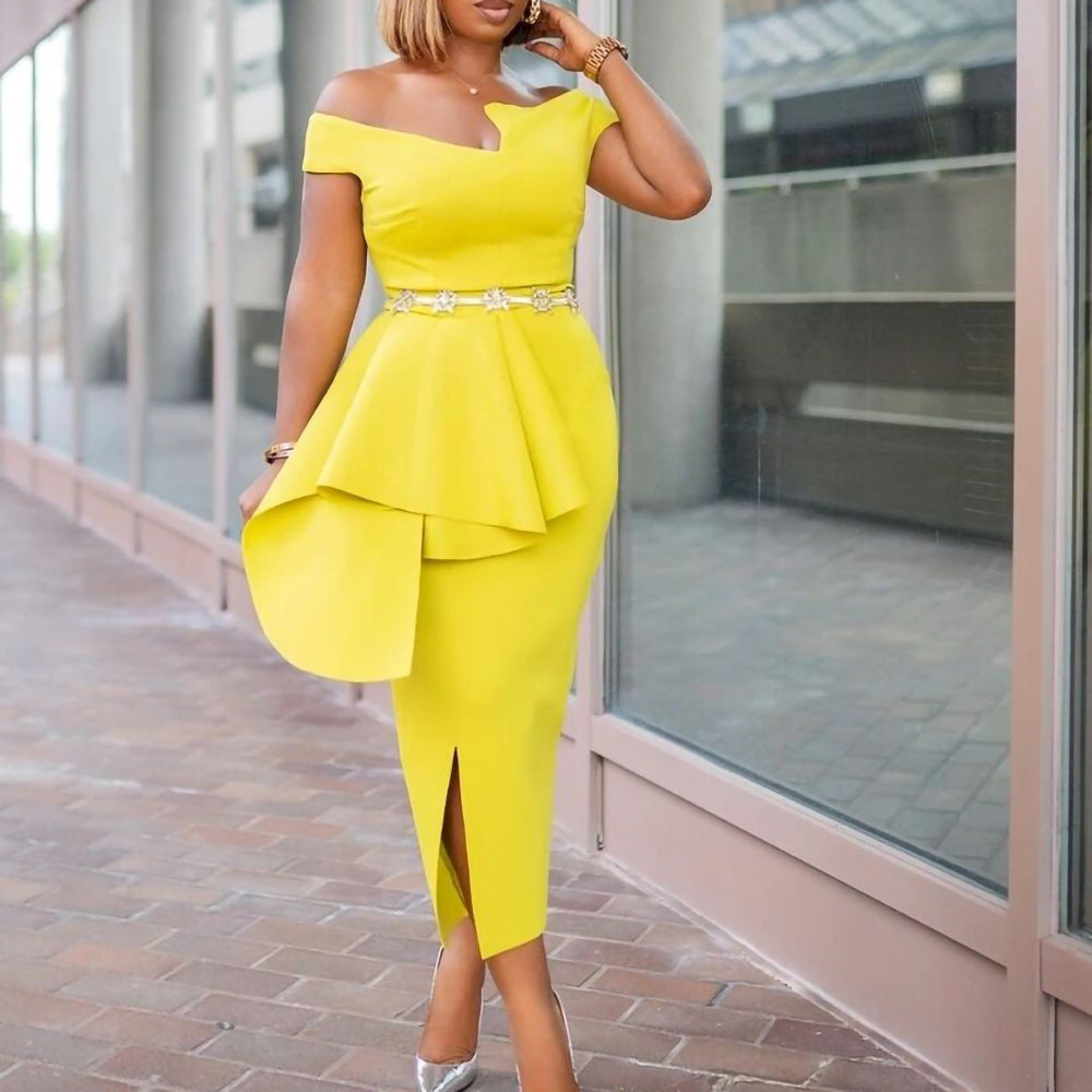 Fashion High Waist Plus Sizes Midi Party Dresses-Dresses-Yellow-S-Free Shipping Leatheretro