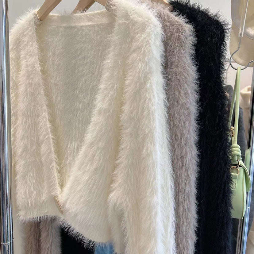 Fashion Short Knitted Mink Coats-Shirts & Tops-White-One Size-Free Shipping Leatheretro