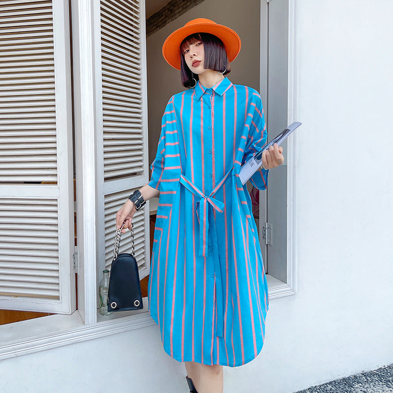 Vintage Striped Summer Short Shirts Dresses-Dresses-Blue-One Size-Free Shipping Leatheretro