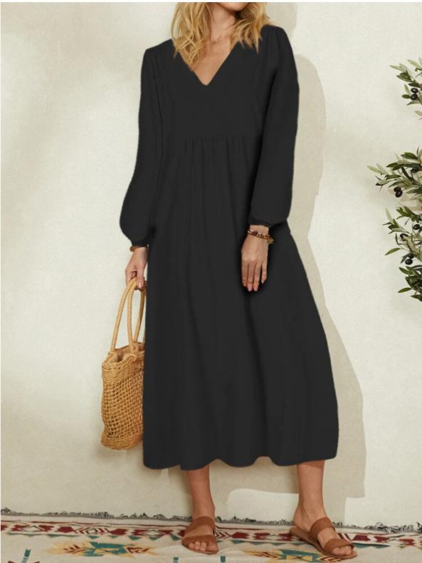 Leisure Cotton Long Sleeves Day Dresses-Maxi Dresses-Black-M-Free Shipping Leatheretro
