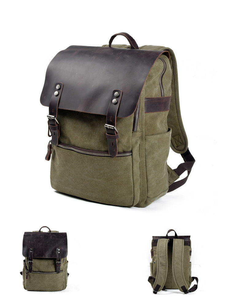 Vintage Cusual Traveling Leather Canvas Laptop Backpack 5073-Backpacks-Coffee-Free Shipping Leatheretro