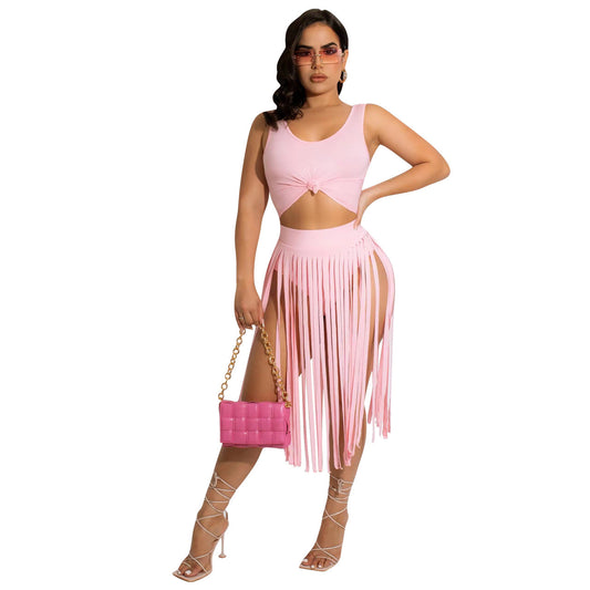 Sexy Tassels Two Pieces Tops and Skirts Set-Dresses-Pink-S-Free Shipping Leatheretro