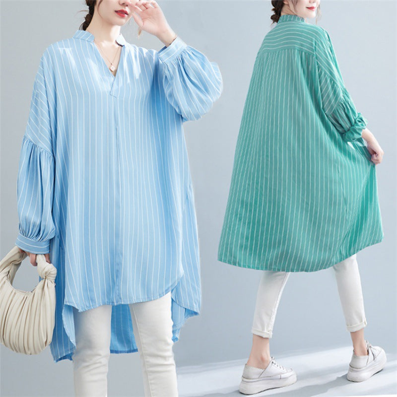 Designed Striped Long Shirts Dresses for Women-Dresses-Black-One Size-Free Shipping Leatheretro