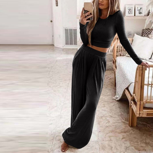 Casual Women Knitting Short Tops and Pants Sets-Suits-Black-S-Free Shipping Leatheretro