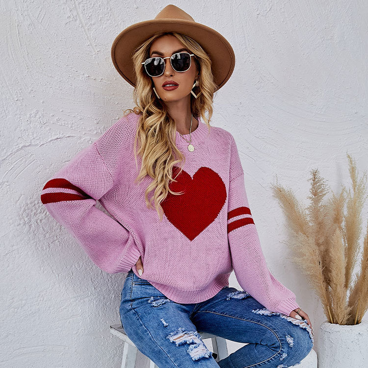 Casual Women Sweetheart Design Pullover Sweaters-Shirts & Tops-Pink-S-Free Shipping Leatheretro