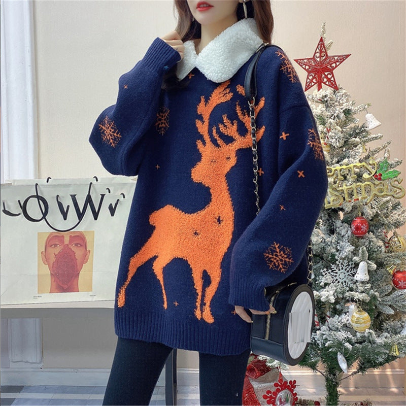 Casual Christmas Pullover Knitted Sweaters for Women-Shirts & Tops-Navy Blue-One Size-Free Shipping Leatheretro