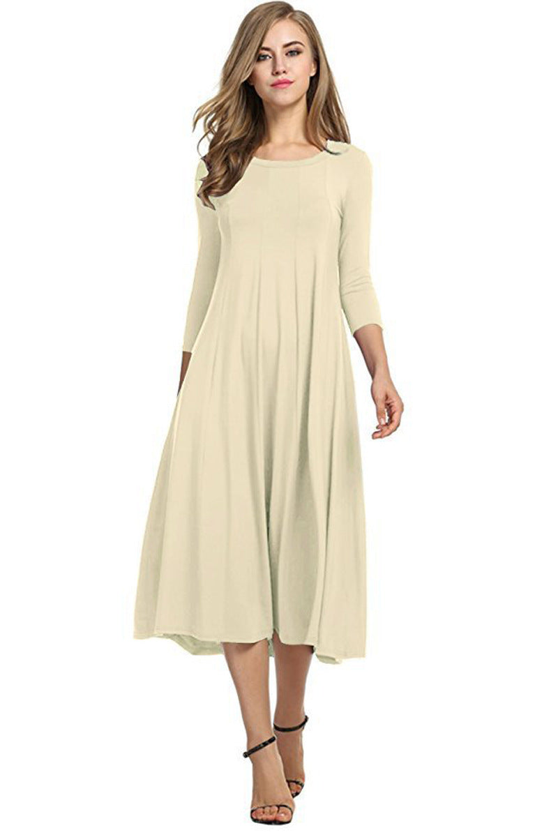 Casual Simple Design Round Neck Midi Dresses-Dresses-Ivory-S-Free Shipping Leatheretro