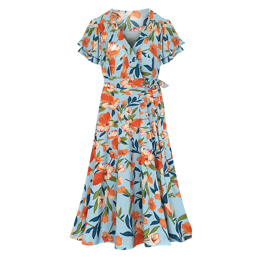 Summer Ruffled Flower Women Dresses-Dresses-Light Blue-L-Free Shipping Leatheretro