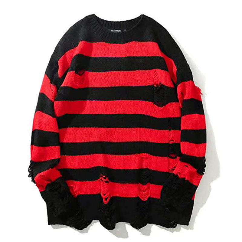 Casual Broken Holes Striped Knitting Sweaters for Couple-Shirts & Tops-Red-S-Free Shipping Leatheretro
